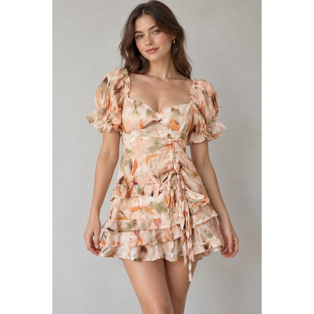 Watercolor Cutout Mini Dress Peach Puff Sleeve Tiered Ruffle Ruched CBR Womens S